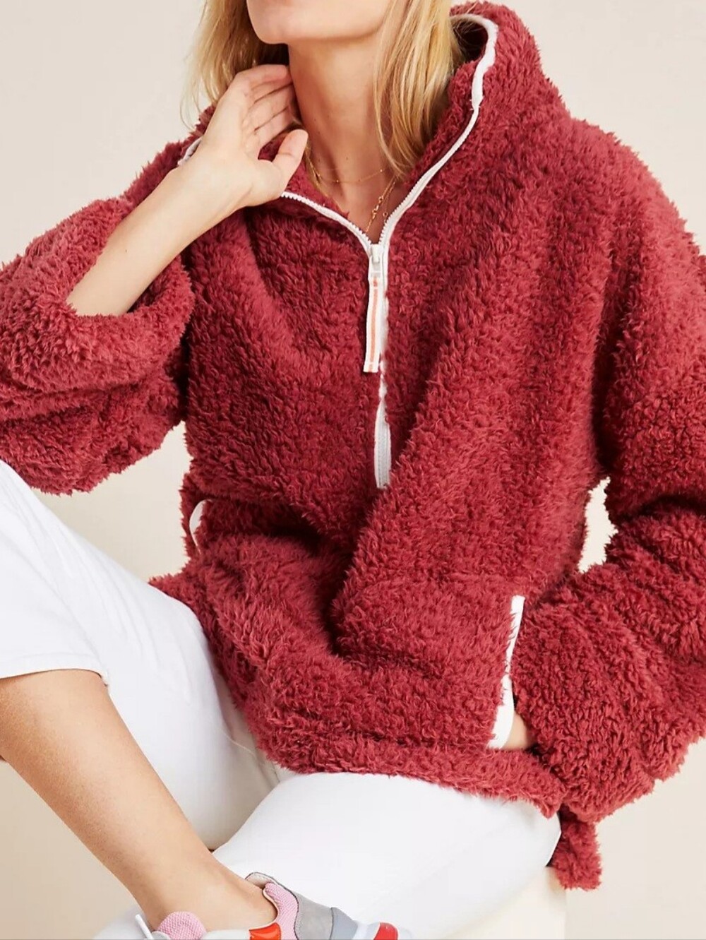 Anthropologie Saturday Sunday Siti Sherpa Pullover Sz Large Cozy Brick Red